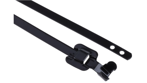 RS PRO Cable Tie, Releasable, 330mm x 5 mm, Black Polyester Coated Stainless Steel, Pk-100