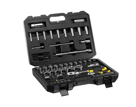 Stanley 72-Piece Metric 1/2 in; 1/4 in Deep Socket/Standard Socket/Bit Set with Ratchet, 6 point; Hex Bit; Phillips